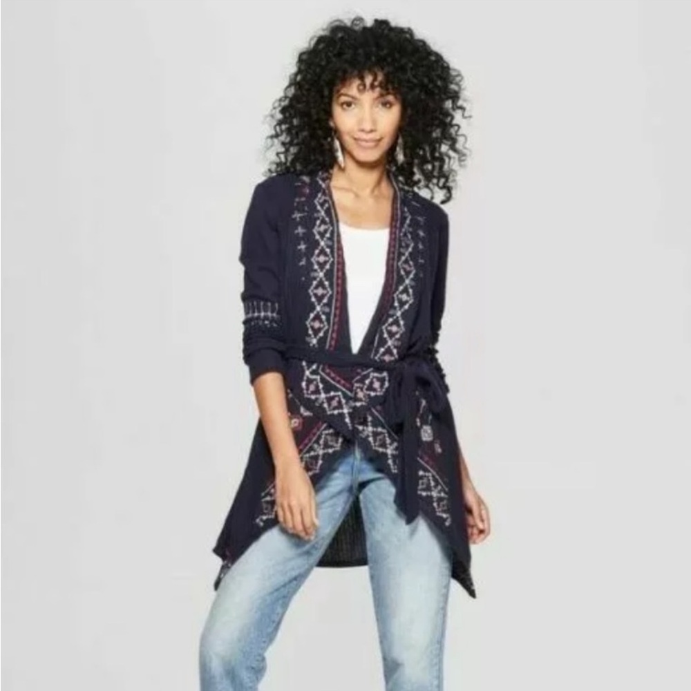 Knox Rose Navy Blue Embroidered Waffle Knit Cardigan Small